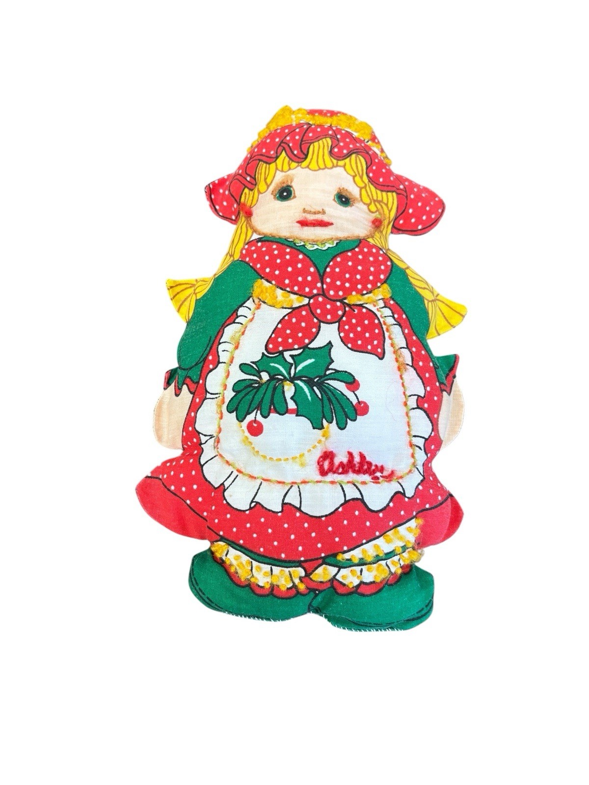 Vtg 1970s Cut & Sew Stuffed Pillow Christmas Girl Doll 10” Handmade Completed