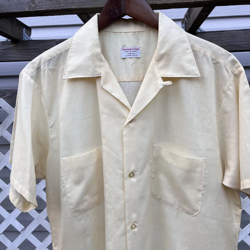 True Vintage 60s 70s JC Penny Shirt Sz Medium Ivory Loop Collar Camp Towncraft  - Image 2 of 4