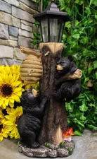 Large Climbing Black Bear Cubs With Beehive Statue W/ Solar LED Lantern Light