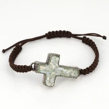 LIRM Israel Sterling Silver Roman Glass Cross Woven Cord Adjustable Bracelet
