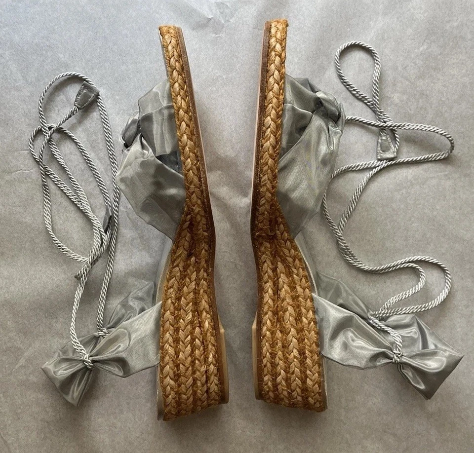 Stuart Weitzman Sandals Platform Wedge Silver Fabric Wrap Around Ankle Laces 10 - Image 4 of 4