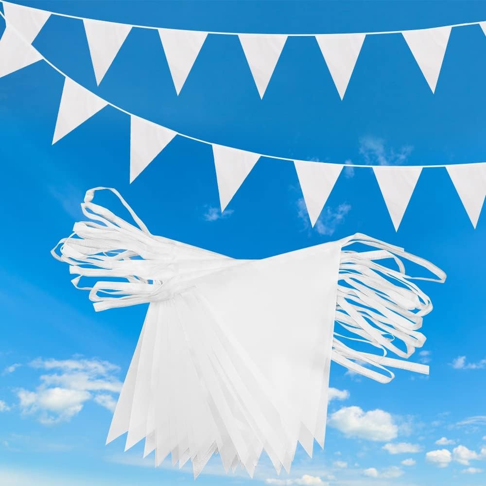 20m 52pcs White Pennant Bunting,Polyester Fabric Reusable Triangle Flags Banner