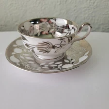 Vintage Royal Chelsea England Bone China TeaCup Saucer  Chrome Silver Platinum 