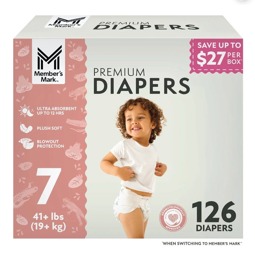 Member's Mark Premium Diapers, Hypoallergenic, Size 7 (41+ lbs.), 126ct