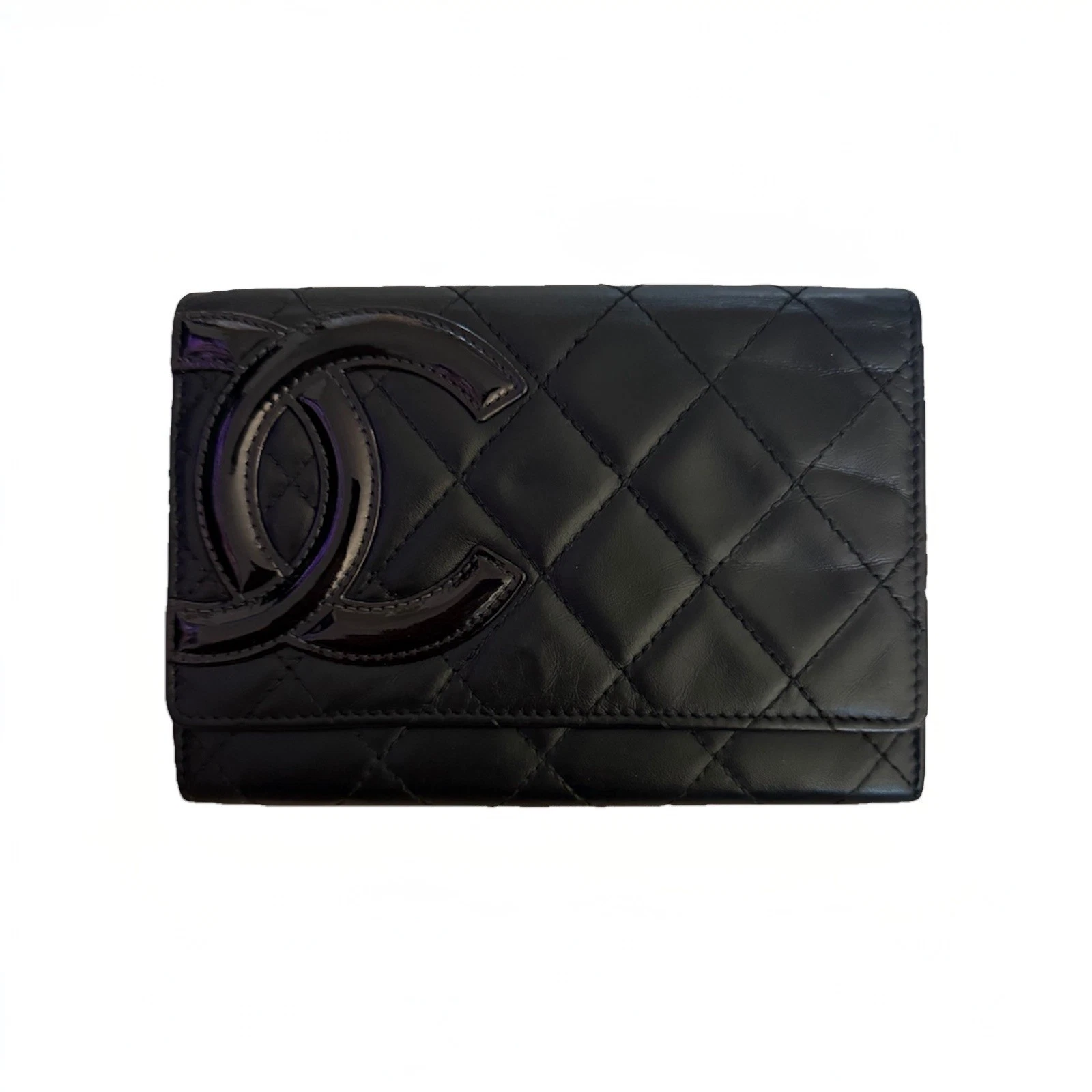 Chanel — Authentic CHANEL Black Leather Cambon Snap Front Wallet with COA