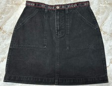 Vtg 1990s Tommy Hilfiger Black Denim Skirt Logo Spell Out Waistband Belt 8 Y2K