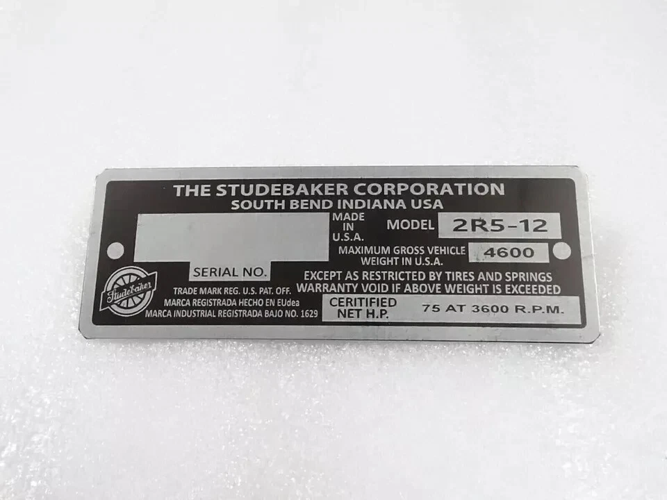PLACA DE DATOS PARA MODELO STUDEBAKER VINTAGE EE. UU. | Apto para Foto 4 de 4