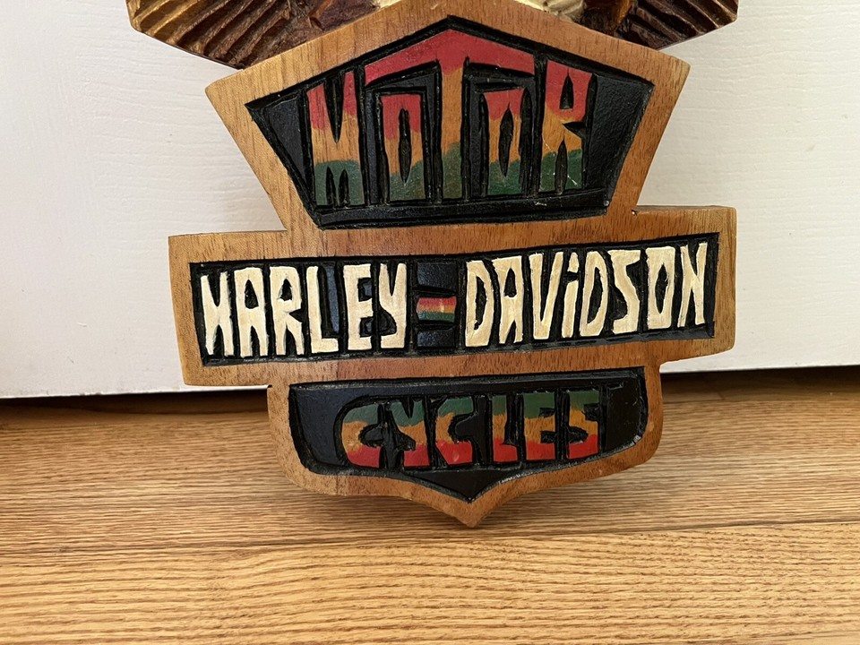 Vintage HarleyDavidson Motorcycle Sign Hand Carved Wood Wall Art Man
