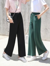 Hot Sale Korean Women Solid Color Wide Leg Trousers Pockets Legging Waist Pants