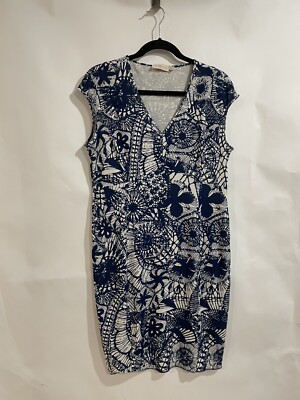 Tory Burch Size L/G Sleeveless Dress V Neck Vhite /blue 100% Rayon