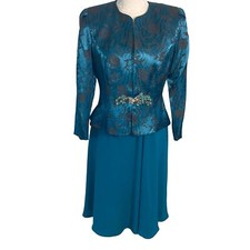 Ursula of Switzerland Petite Dress Jacket Set Womens Vintage Size 8 Blue Brocade
