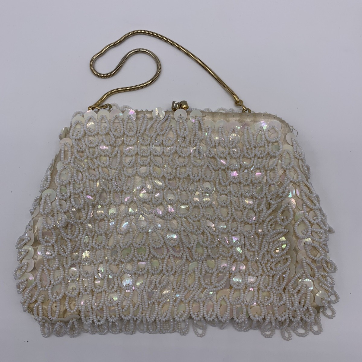 Vintage White Seed Micro Bead Sequin Purse Evening Bag