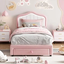 Twin Size Bed Frame w/LED Headboard Velvet Upholstered Platform Bed Frame Pink