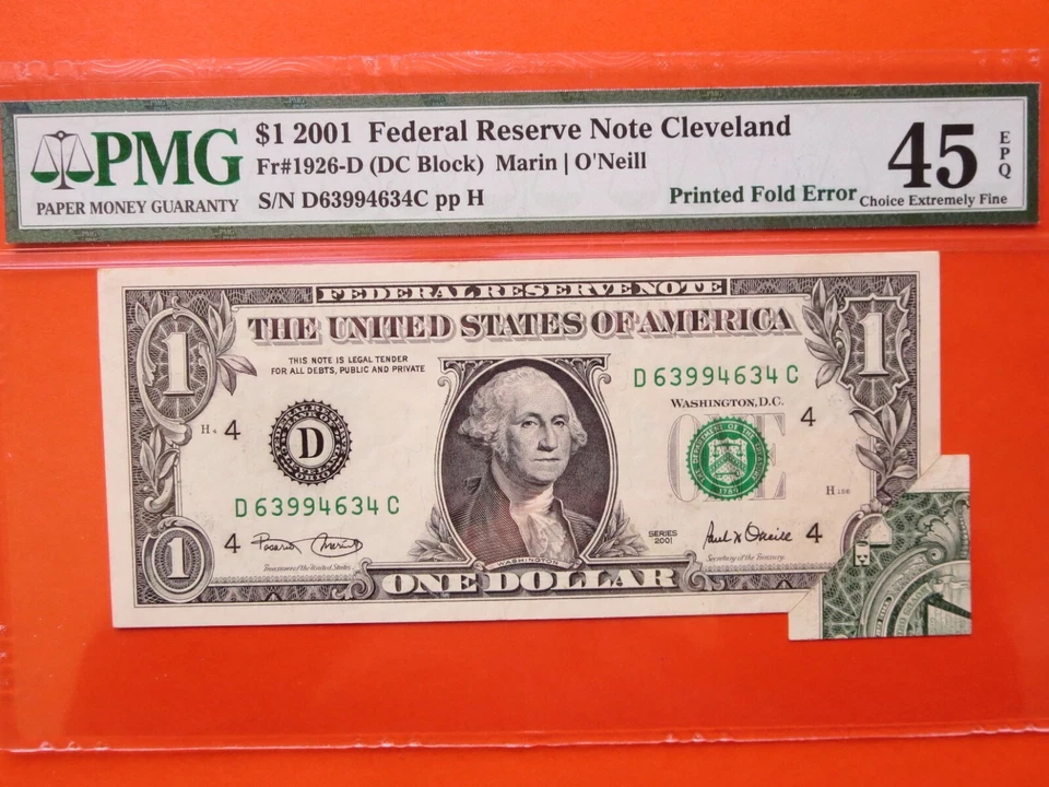 $1 2001 federal reserve note graded error: printed fold 26-091 - Image 2 of 3