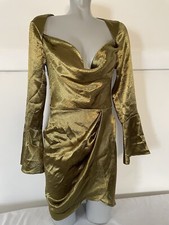 ASOS DESIGN Cowl Neck Metallic Olive Mini Dress w/Drape Skirt & Waist Tie, Sz 4