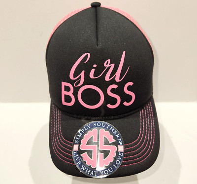 Simply Southern Girl Boss Hat Pink And Black Adjustable Trucker Style Hat