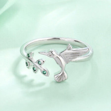 925 Sterling Silver Bird Emerald Leaf Adjustable Ring Womens Girls Gift Men
