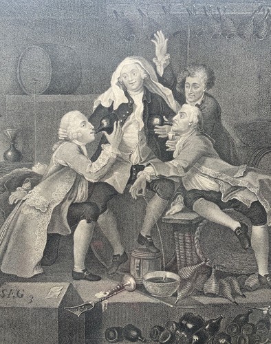 ANTIGUO GRABADO EN COBRE CARIDAD EN LA BODEGA SEGÚN WILLIAM HOGARTH LONDRES BRITÁNICOS - Imagen 5 de 12