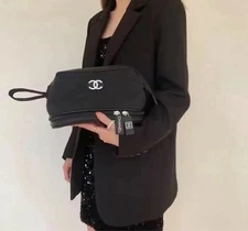 CHANEL  Black Cosmetic Makeup Pouch Clutch Bag for women with bottom zipped NEW