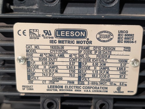 Leeson 192035.00 IEC Metric Motor C71T17FZ6C 0.5 HP, 3 Phase, 230/460 V, 1700RPM - Picture 3 of 12