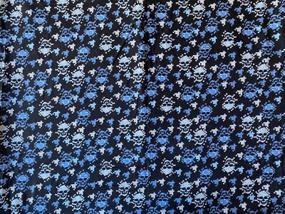 PIXELATED SKULLS FABRIC~Black Bkgrnd~BLUE GRAY SKELETON FACES~58x78~Cotton~