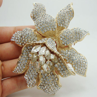 Bride Fashion Orchid Flower Clear Rhinestones Crystal  Bridesmaid Brooch Pin