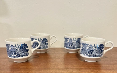 Churchill England Blue Willow Tea Cups Coffee Cups Set Of 4 Vintage