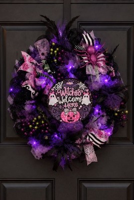 Handmade Halloween Deco Mesh Wreath 18  Purple LED Witch s Welcome Hand Painted