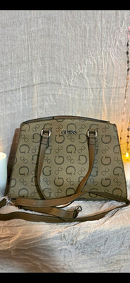 GUESS Purse Brown Logo Satchel Top Handle Bag - Detachable Strap Zip Pockets