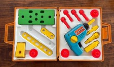 Vintage 1970s Fisher Price Tool Kit Preschool Pretend Play Drill Carry Case