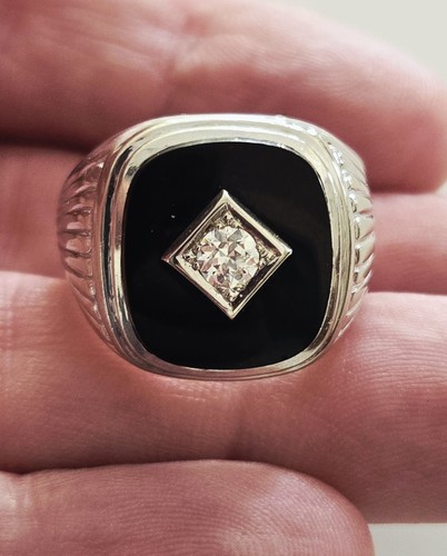 Men's ERAGEM Original Box & Papers 14K White Gold ONYX & Diamond Ring Size 10.5 - Picture 2 of 13