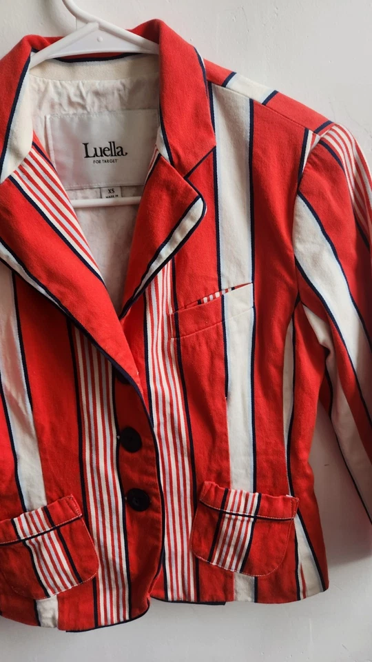 Jaqueta Luella Target listra vermelha branca azul Carnaby Street ajustada bolsos XS - Imagem 3 de 4