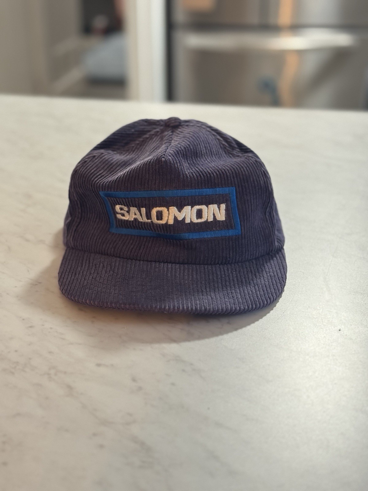 Cappello vintage Salomon in velluto a coste Ted Fletcher berretto da sci snowboard snapback blu navy e blu