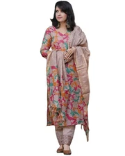 GoSriKi Women's Cotton Blend Straight Printed Kurta with Pant & Dupatta