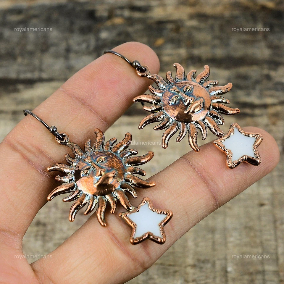 Pendientes estrella sol electroformados mujer bisel colgante madreperla natural cobre Foto 3 de 4