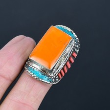 Yellow Coral Tibetan Turquoise 925 Sterling Silver Boho Nepali Ring 8.25" PG 339