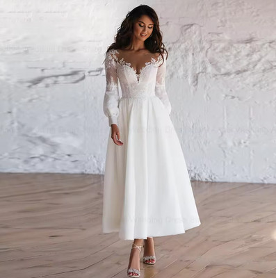 short vintage beach wedding dresses Boho Short Wedding Dress 0027 - Long Sleeve Ivory Gown in Simple Lace Bridal  Bridesmaid