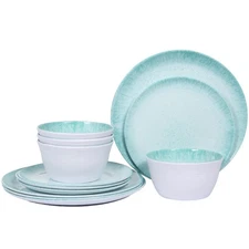 Melamine Dinnerware Sets - 12pcs Dishes Plates and Bowls Set, Service for 4, Tur