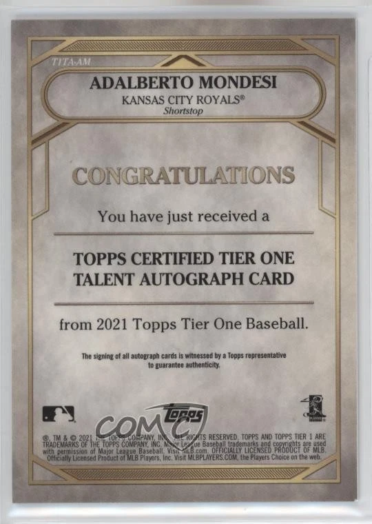 2021 Topps Tier One Tier One Talent Auto /300 Adalberto Mondesi #T1TA-AM Auto - Image 2 of 2