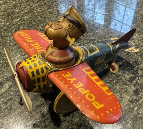 Popeye The Pilot Tin Wind Up Toy Plane By Marx WORKING