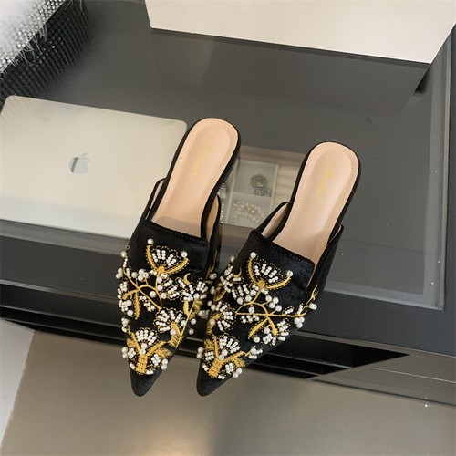Retro Chinese Style Embroidery Women Slip on Slipper Mules Pointy Toe Flat Shoes - Picture 10 of 24