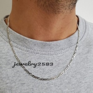 Authentic Solid Metal Men's Figaro Link Chain 14k White Gold Plated Silver Free Stud 20"