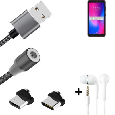 Magnet-Lade-Kabel + Kopfhörer für ZTE Blade A3 2020 mit USB-Typ C u. Micro-USB