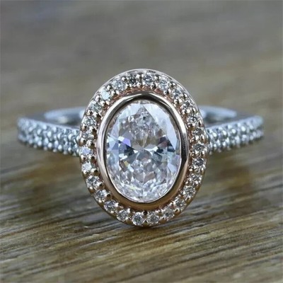 2 Ct Oval Cut Simulated Diamond Women Halo Wedding Ring 14K Two Tone Gold Plated