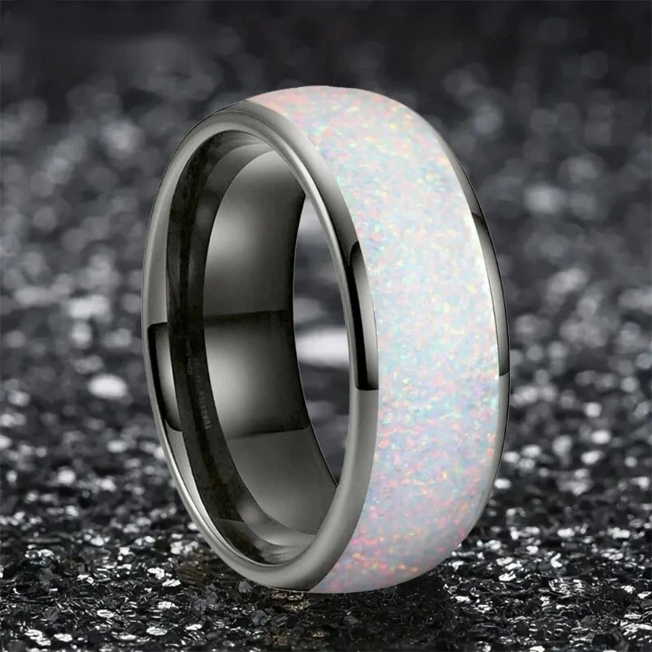 8MM Tungsten Carbide Ring Band Dome Polished Pink Opal Inlay Men Women Ring - Image 4 of 4