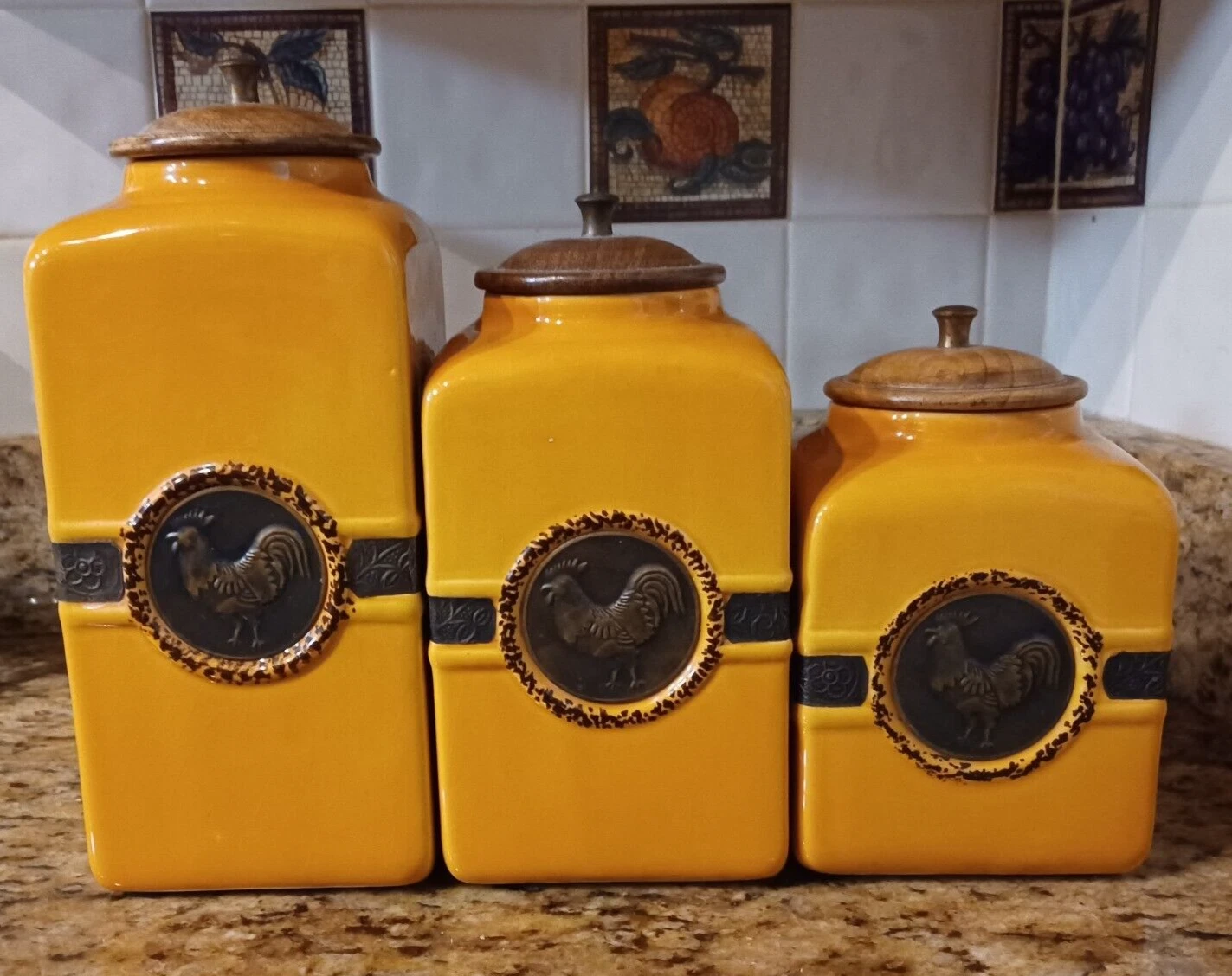 PIER 1 Rooster 3 Piece Ceramic Canister Set W/ Vacuum Seal Lids.