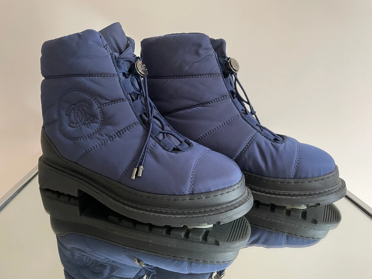 CHANEL Women's Downproof Nylon Waterproof Winter Snow Boots Navy Size 35