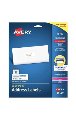 Avery Easy Peel Mailing Address Labels Inkjet 1 x 2 5/8 White 300/Pack 18160