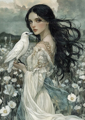 Branwen Art Print Celtic Goddess White Raven Floral Field Fantasy Woman Myth X62
