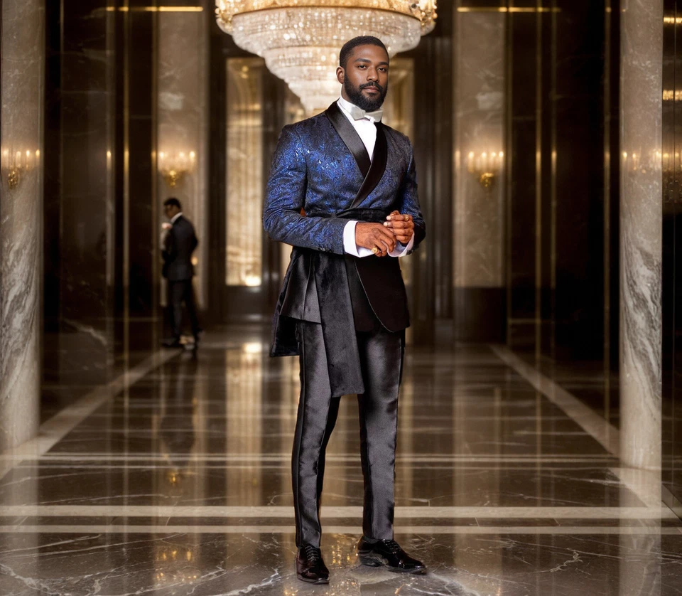 Trajes de satén reales para hombre Chaqueta Pantalón con capa larga Moda Formal Fiesta Ropa Nuevo Foto 3 de 4